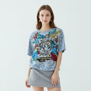 Vintage 80s Denim Shirt with Hand-Painted Tiger Design & Elastic Waist